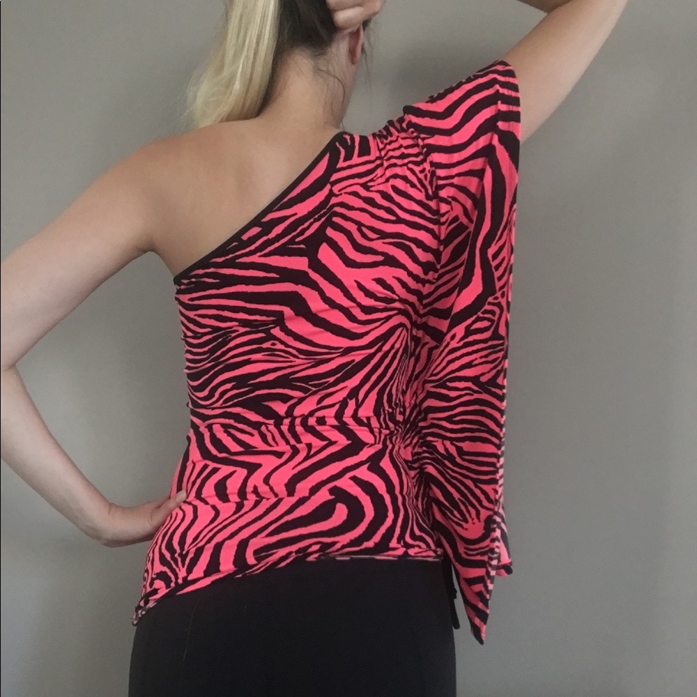 Hot pink zebra Sirens(?) one shoulder top